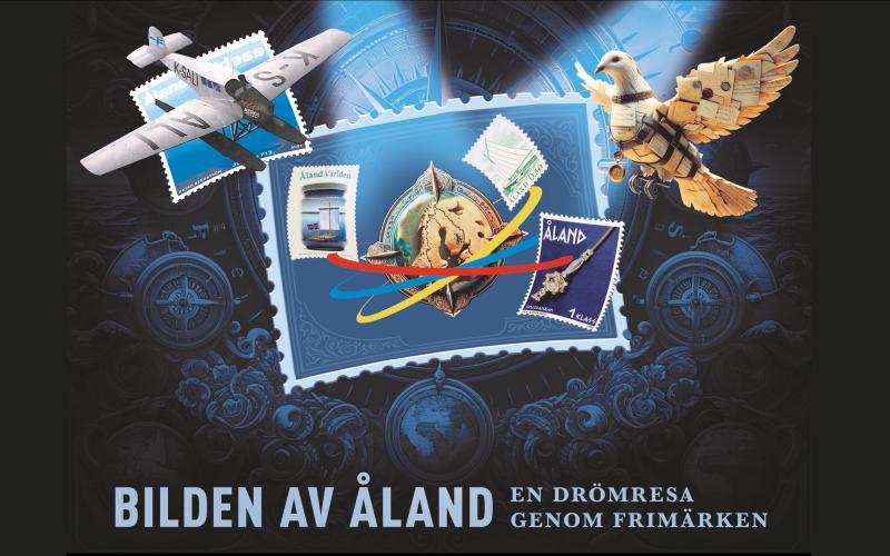 Ett centrerat frimärk med ett flygplan i övre vänsta hörnet och en brevduva i det högra