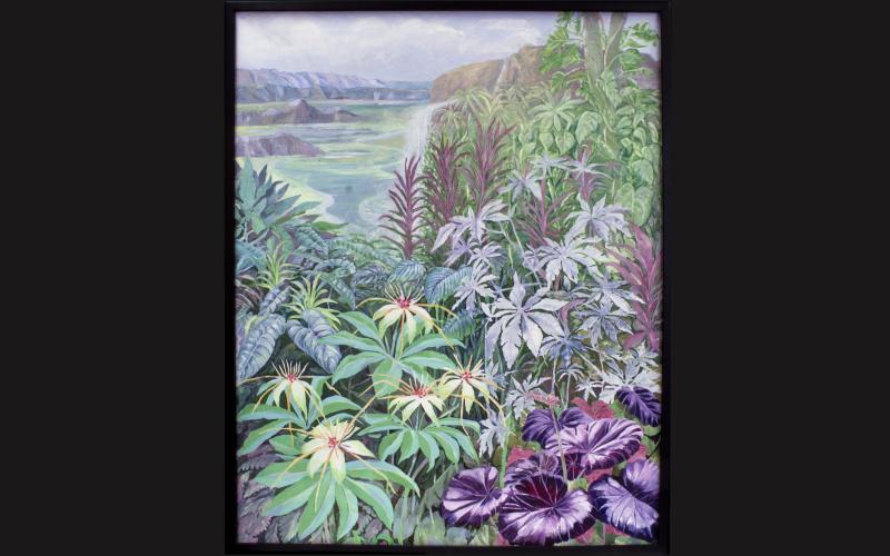 Bilden visar en tavla i olja av Berit Olanders. Motivet visar ett blomstrande landskap med olika växter i förgrunden och berg och vattenfall i bakgrunden.